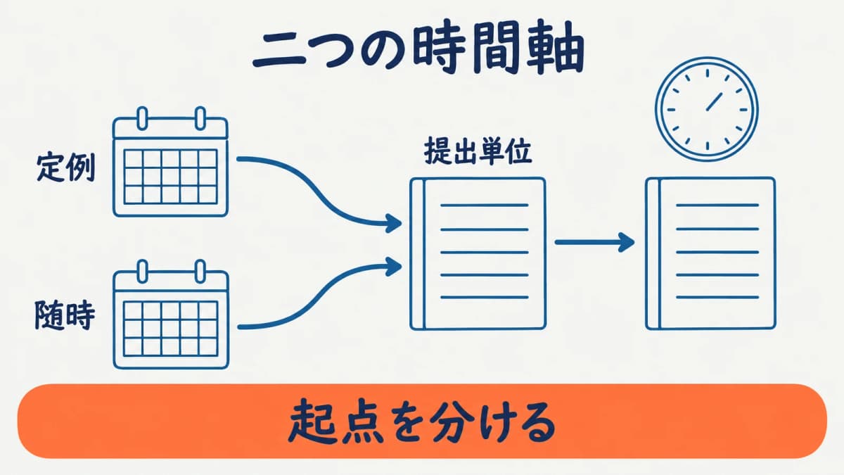 定例と随時の提出物を二つの時間軸で分ける図