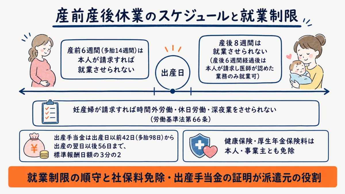 産前産後休業のスケジュールと就業制限のイメージ