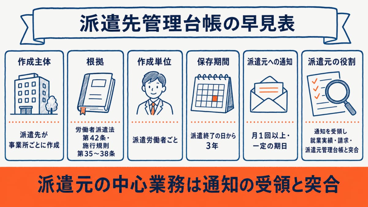 派遣先管理台帳の作成主体・保存期間・通知・派遣元の役割をまとめた早見表