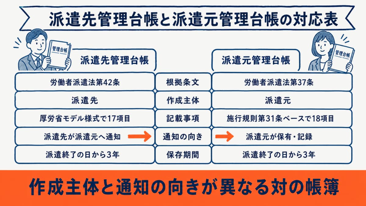 派遣先管理台帳と派遣元管理台帳の根拠条文・作成主体・通知方向を比較した対応表