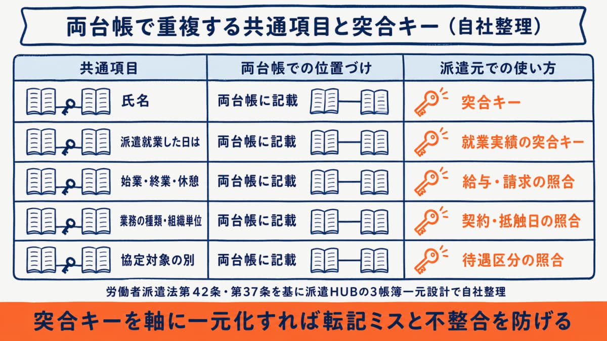 派遣先管理台帳と派遣元管理台帳で重複する共通項目と突合キーを整理した独自データ表