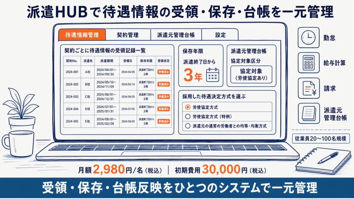 派遣HUBで待遇情報の受領・保存・派遣元管理台帳を一元管理する画面イメージ図