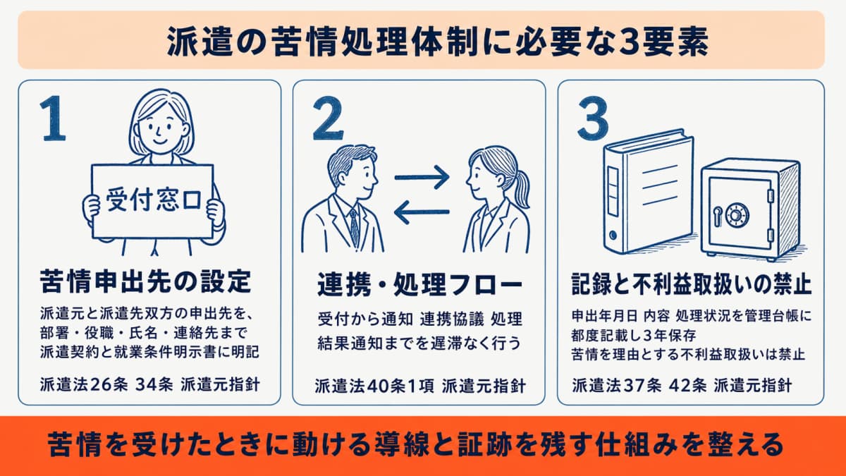 派遣の苦情処理体制に必要な3要素(申出先の設定・連携フロー・記録)を根拠条文つきでまとめた早見表