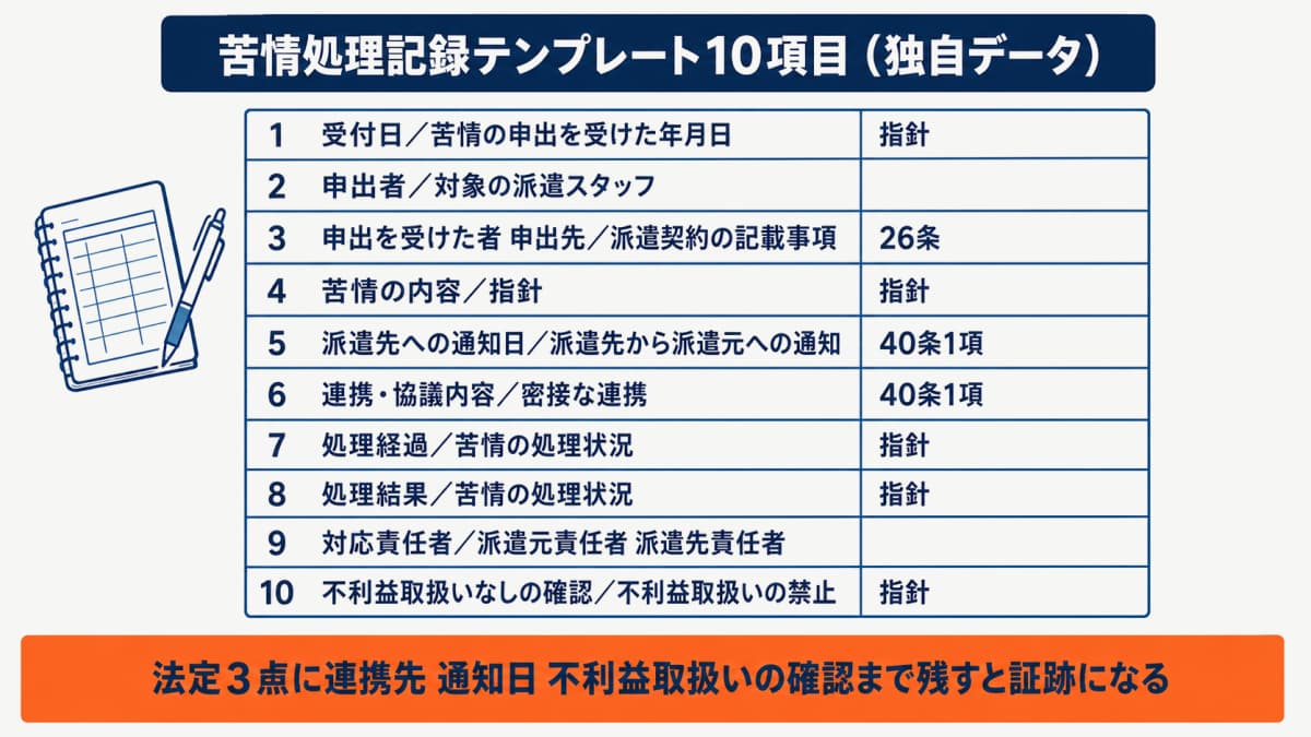 苦情処理記録テンプレート10項目(受付日・申出者・申出先・内容・派遣先通知日・連携内容・経過・結果・責任者・不利益取扱いなしの確認)を示した独自データ表