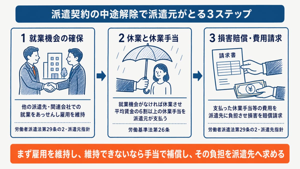 派遣契約の中途解除で派遣元がとる3ステップ(就業機会の確保・休業手当・損害賠償請求)の早見表