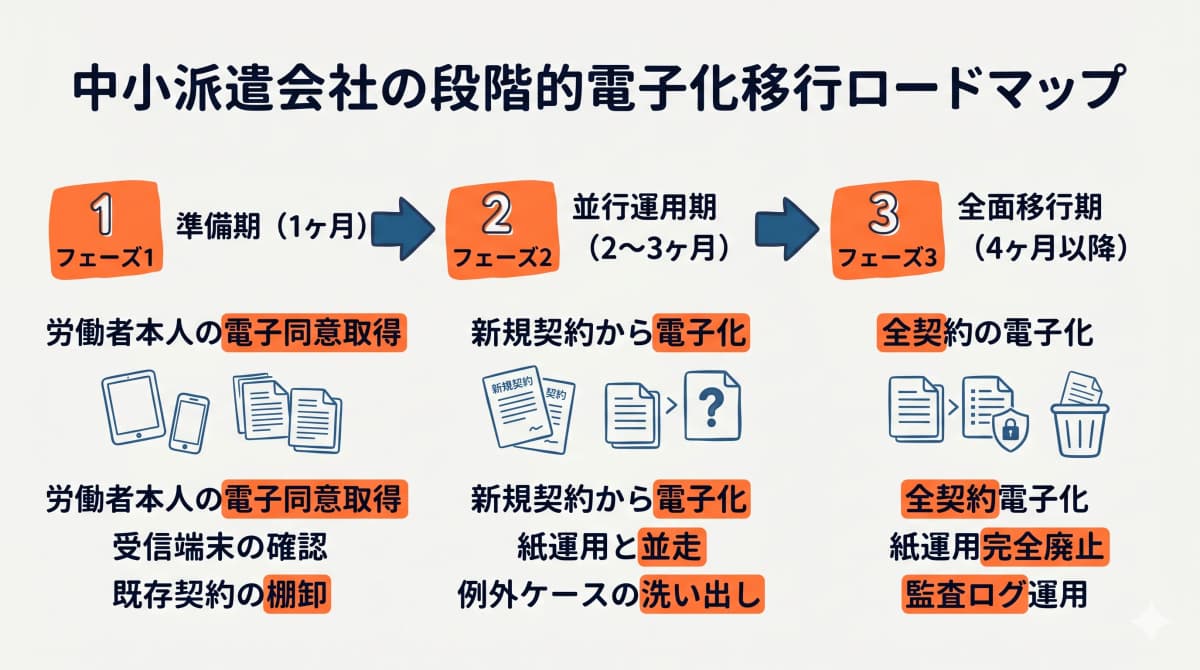 中小派遣会社の段階的電子化ロードマップ(準備期・並行運用期・全面移行期)