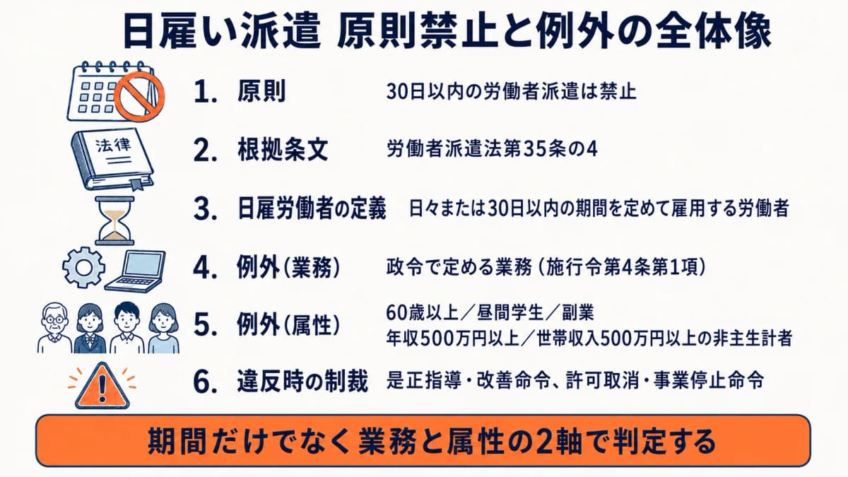日雇い派遣の原則禁止と例外の全体像を示す早見表の図解