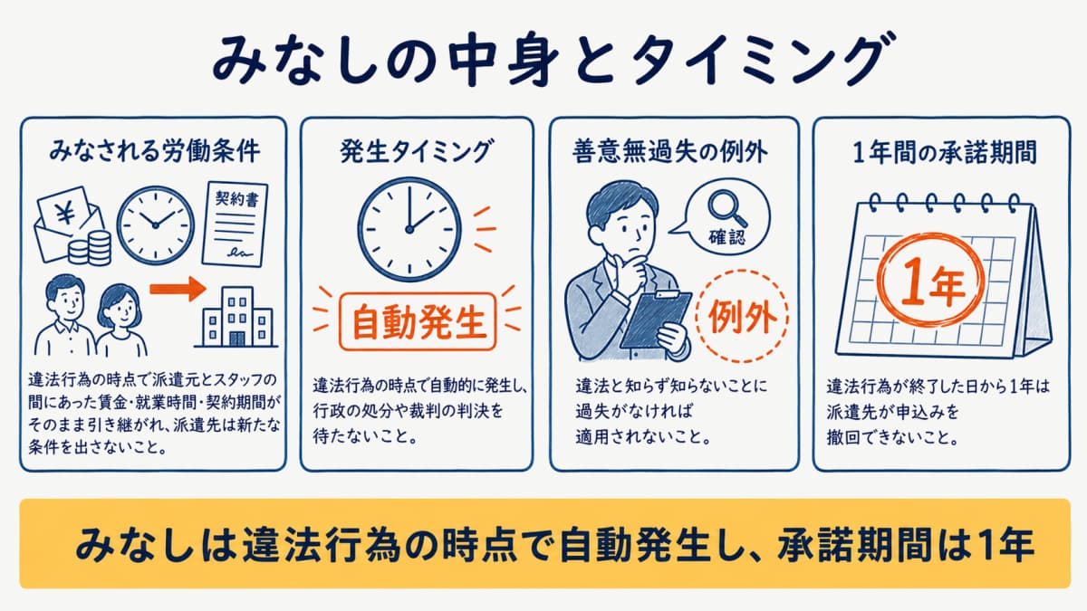 みなされる労働条件・発生タイミング・善意無過失の例外・1年間の承諾期間を整理した図解