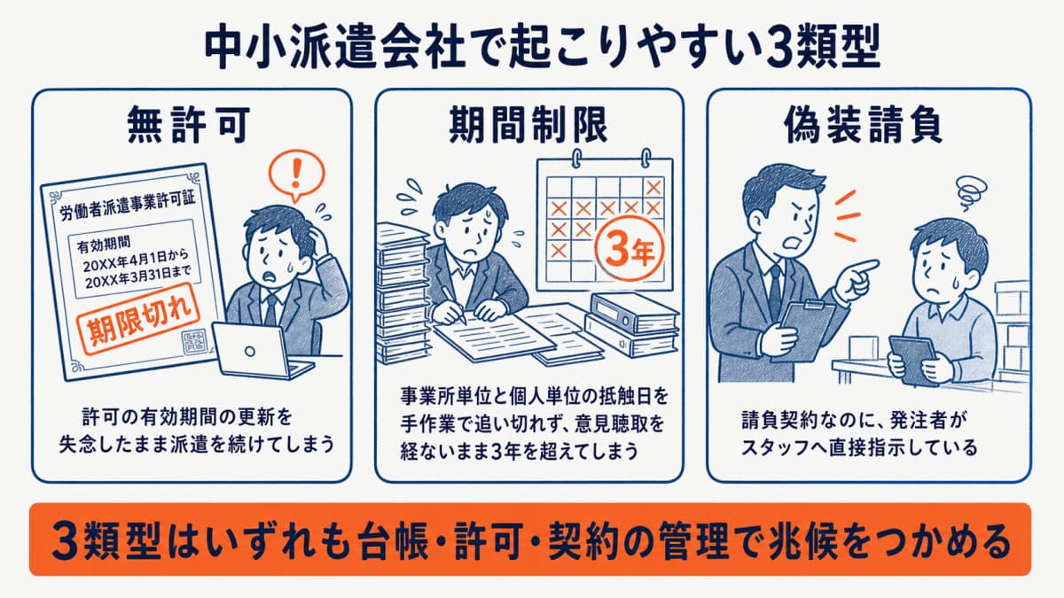 中小派遣会社で起こりやすい無許可・期間制限・偽装請負の3類型と発生要因を示した図解