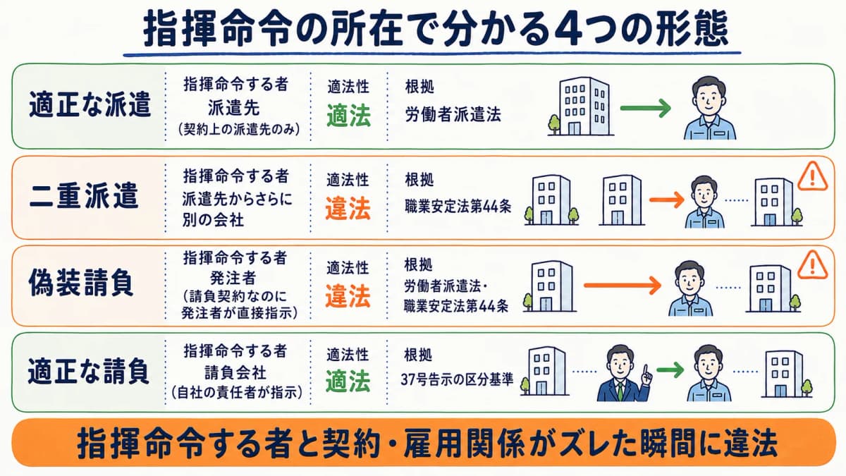 二重派遣・偽装請負・適正な請負の3形態を指揮命令の所在で区分した早見表の図解