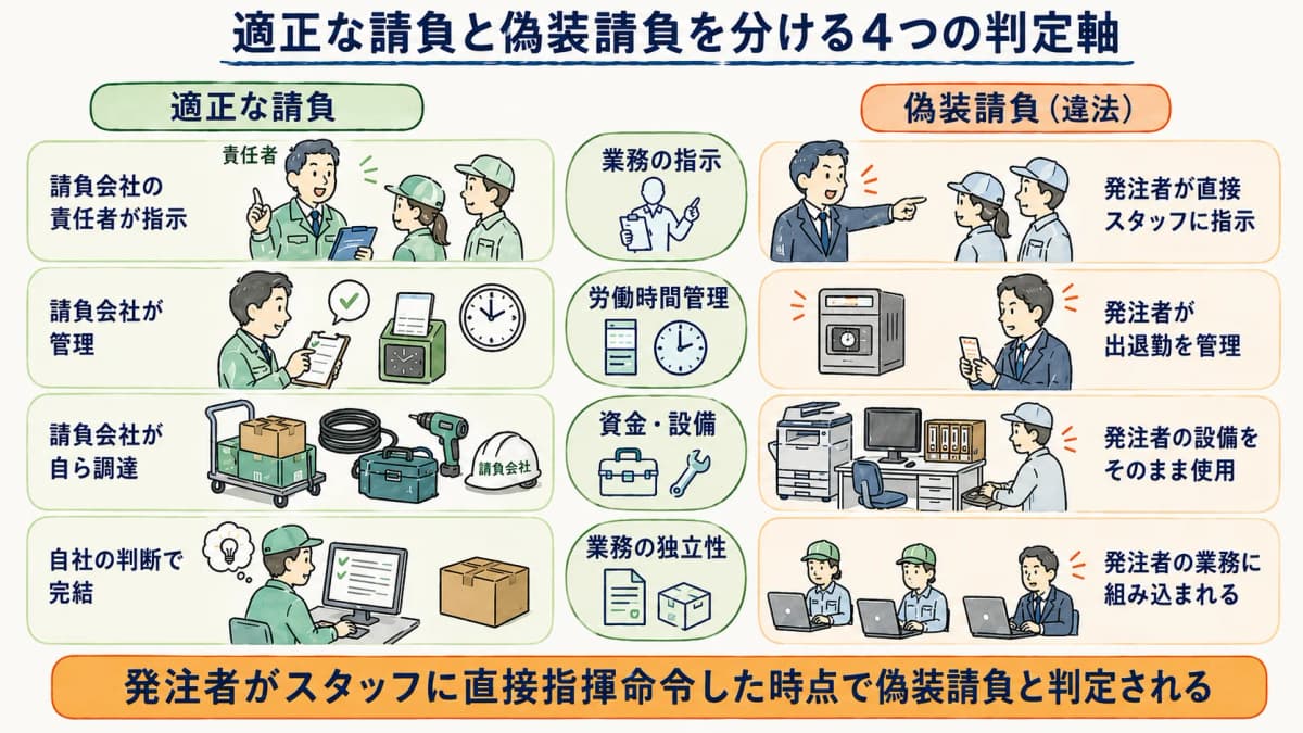 適正な請負と偽装請負を業務指示・労働時間・資金設備の4軸で比較した判定表の図解