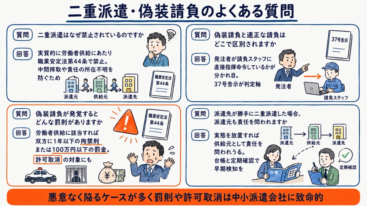 二重派遣・偽装請負に関する4つのよくある質問と回答を整理したQ&A図解