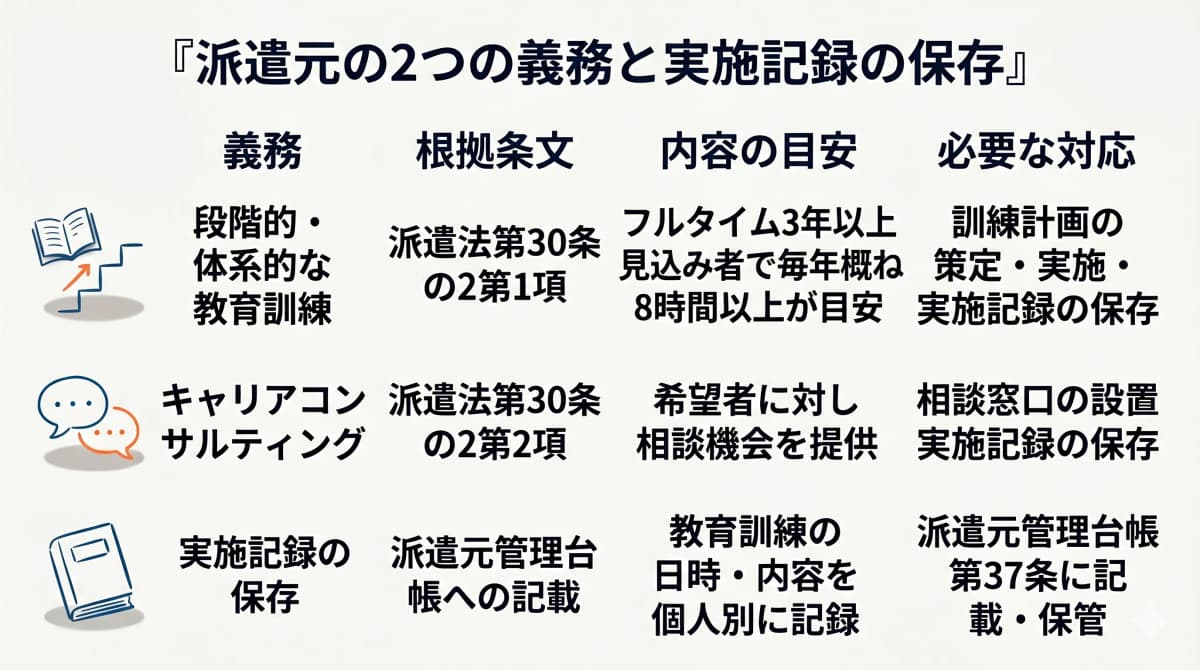 派遣元に課される教育訓練とキャリアコンサルティングの2つの義務の全体像を示す図解