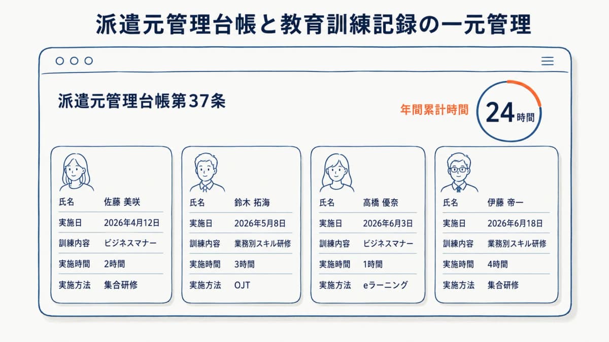 派遣元管理台帳と教育訓練記録を一元管理し個人別・年間累計の訓練時間を把握する画面イメージの図解