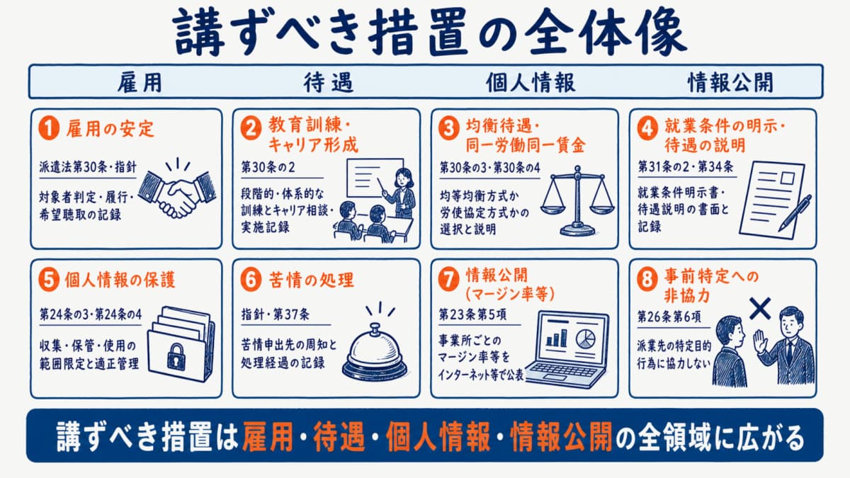 派遣元指針の講ずべき措置を雇用・待遇・個人情報・情報公開の領域別に一望する全体像早見表の図解