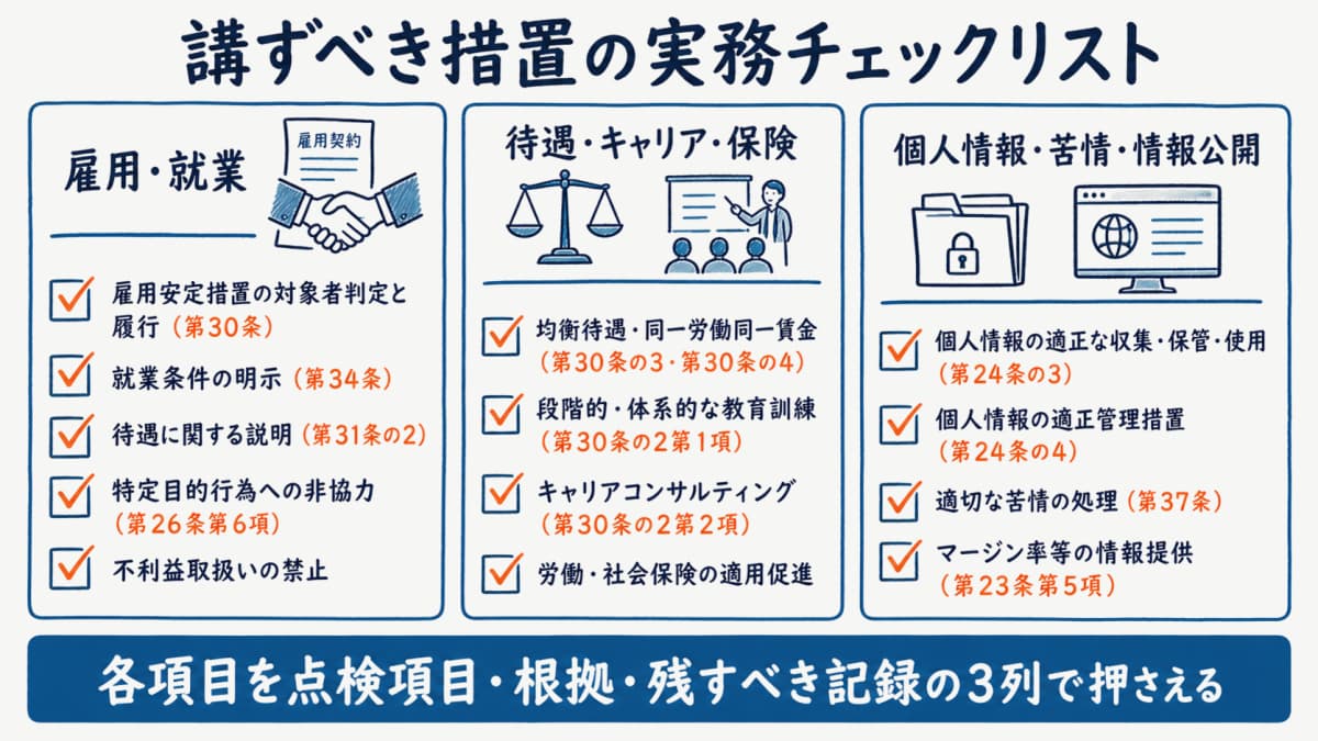 派遣元指針の講ずべき措置を雇用・就業/待遇・キャリア・保険/個人情報・苦情・情報公開の3領域に分けて点検項目・根拠・残すべき記録で整理したチェックリストの図解