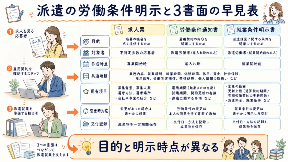 求人票と労働条件通知書と就業条件明示書の目的と時点を分ける早見表