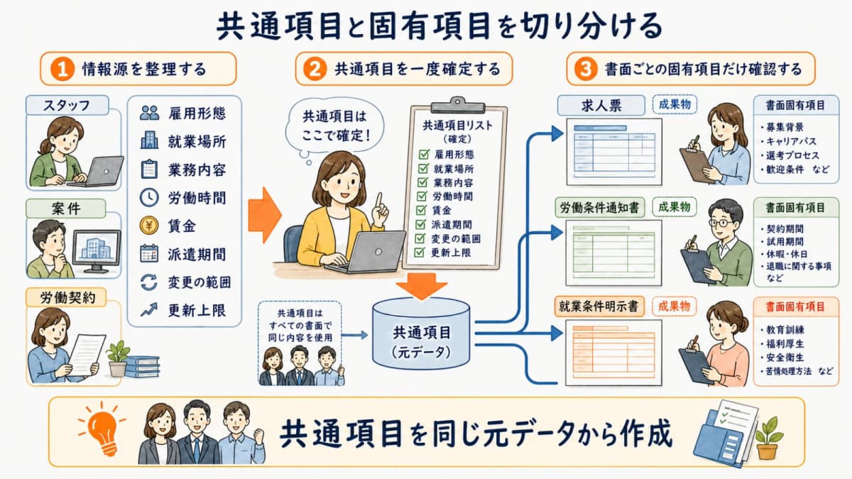 スタッフと案件と労働契約から3書面の共通項目と固有項目を分ける図