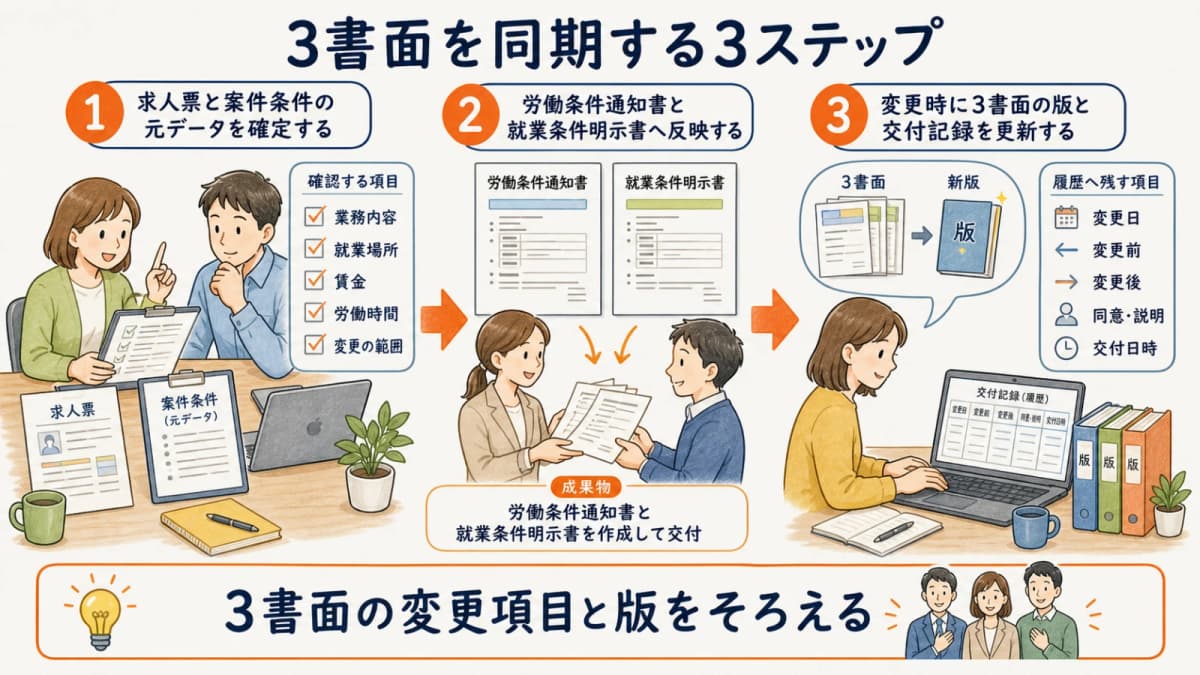 求人条件の確定から2つの通知書と変更版の交付までを同期する3ステップ