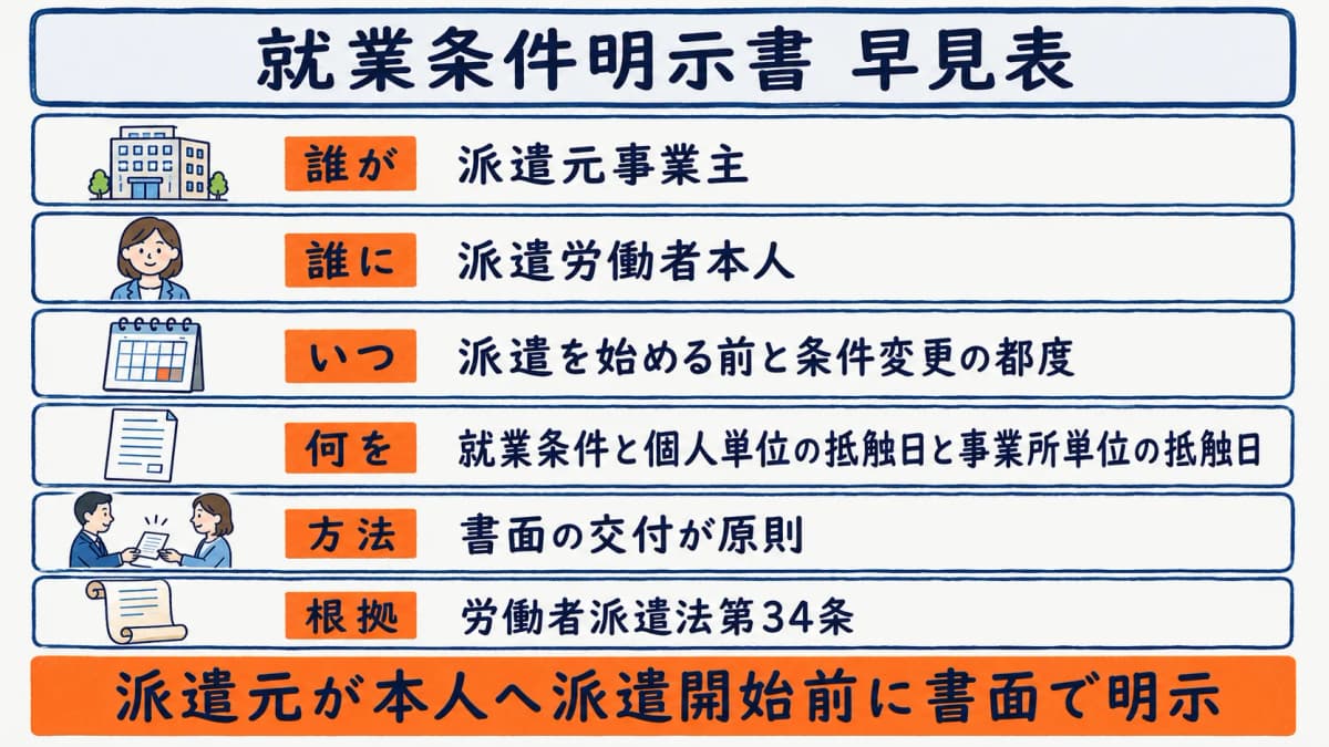 就業条件明示書の誰が誰にいつ何を明示するかを示した早見表