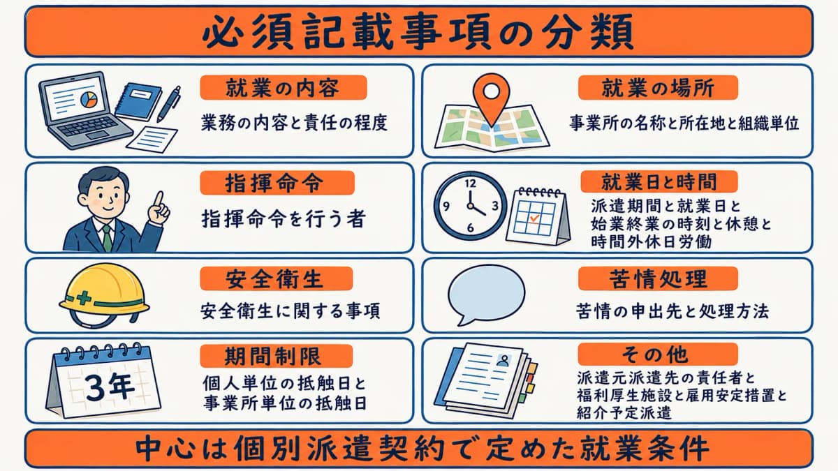 就業条件明示書の必須記載事項を分類した早見表