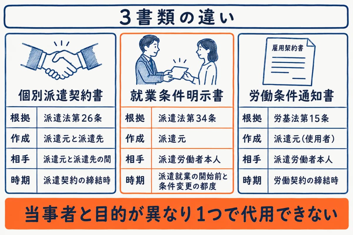 個別派遣契約書と就業条件明示書と労働条件通知書の三者比較マトリクス