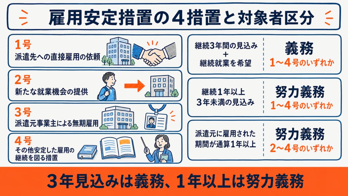 雇用安定措置の4措置(1〜4号)と義務・努力義務の対象者区分早見表