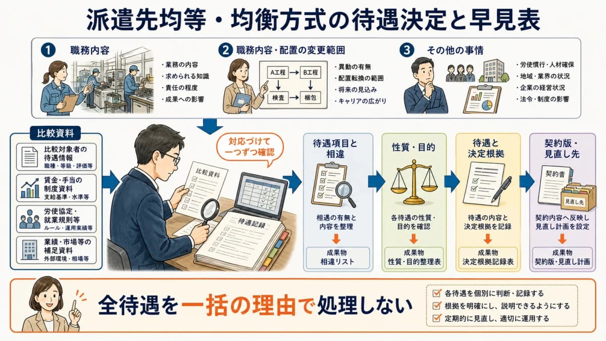 派遣先均等・均衡方式で待遇項目ごとに比較軸と決定根拠をつなぐ早見表