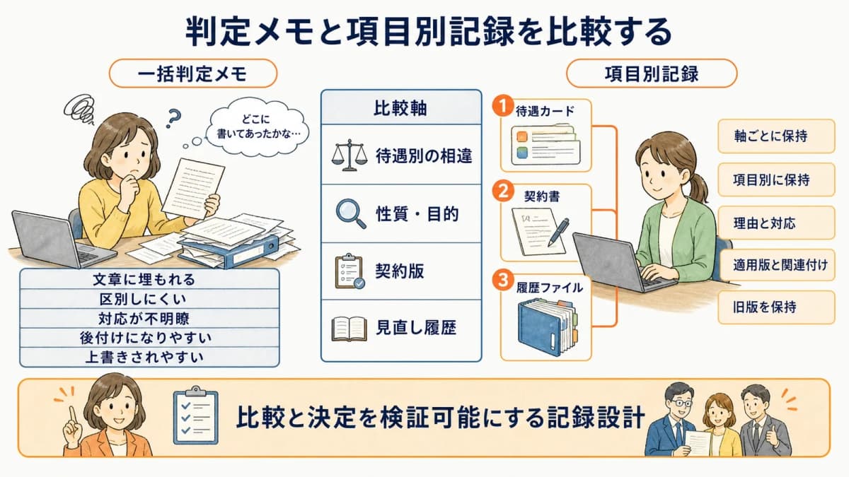待遇全体の一括判定メモと待遇項目別の判断記録の比較