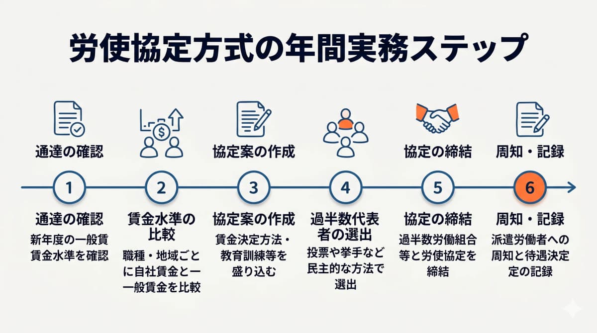 中小派遣会社が労使協定方式に対応する年間実務ステップの流れ図