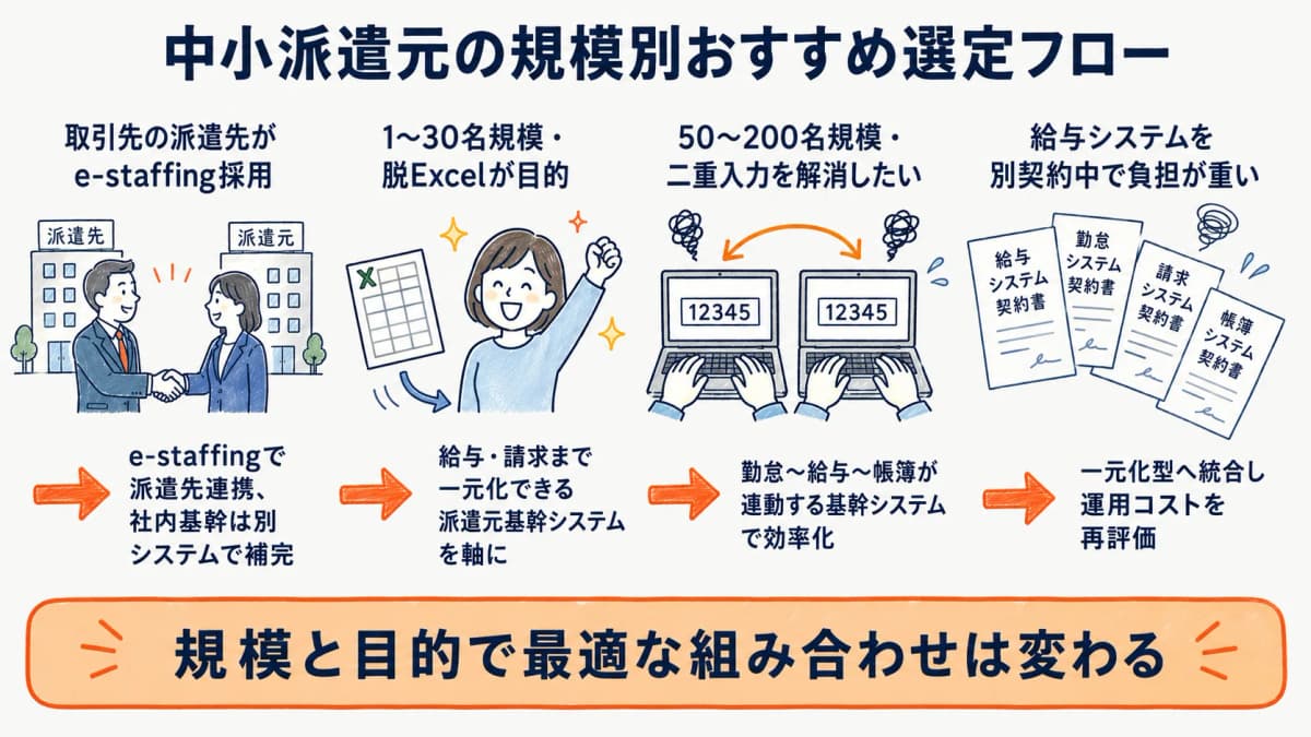 中小派遣元の規模別おすすめ選定フローの図解
