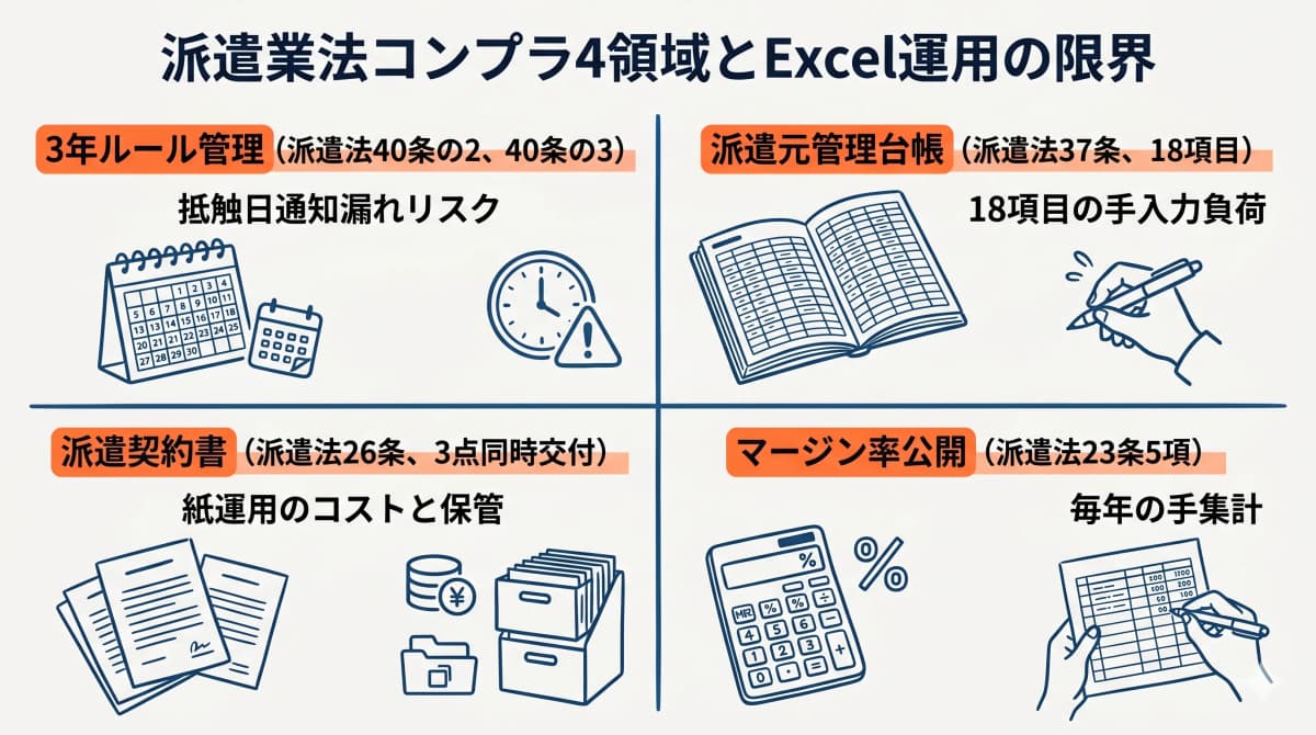 派遣業法コンプラ4領域(3年ルール・契約書類・帳簿・マージン率公開)