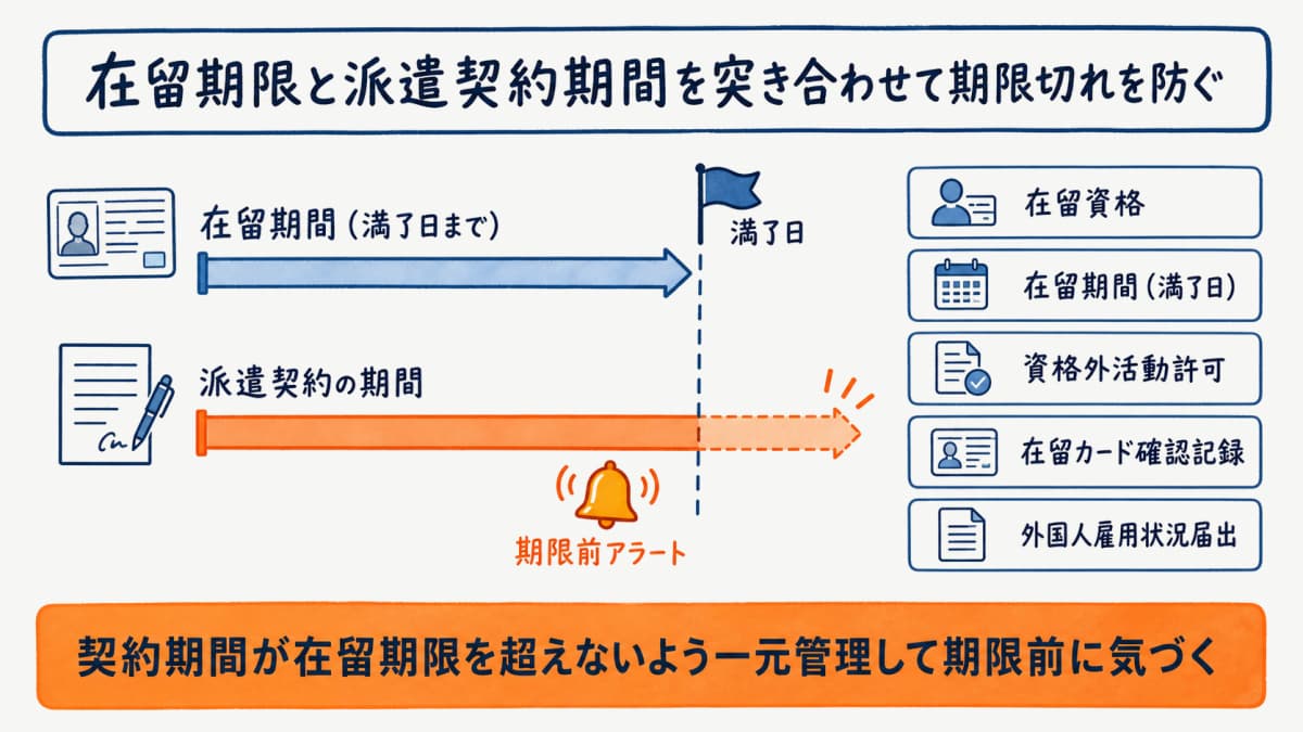 在留期限と派遣契約期間を突き合わせて期限切れを防ぐ管理イメージ図