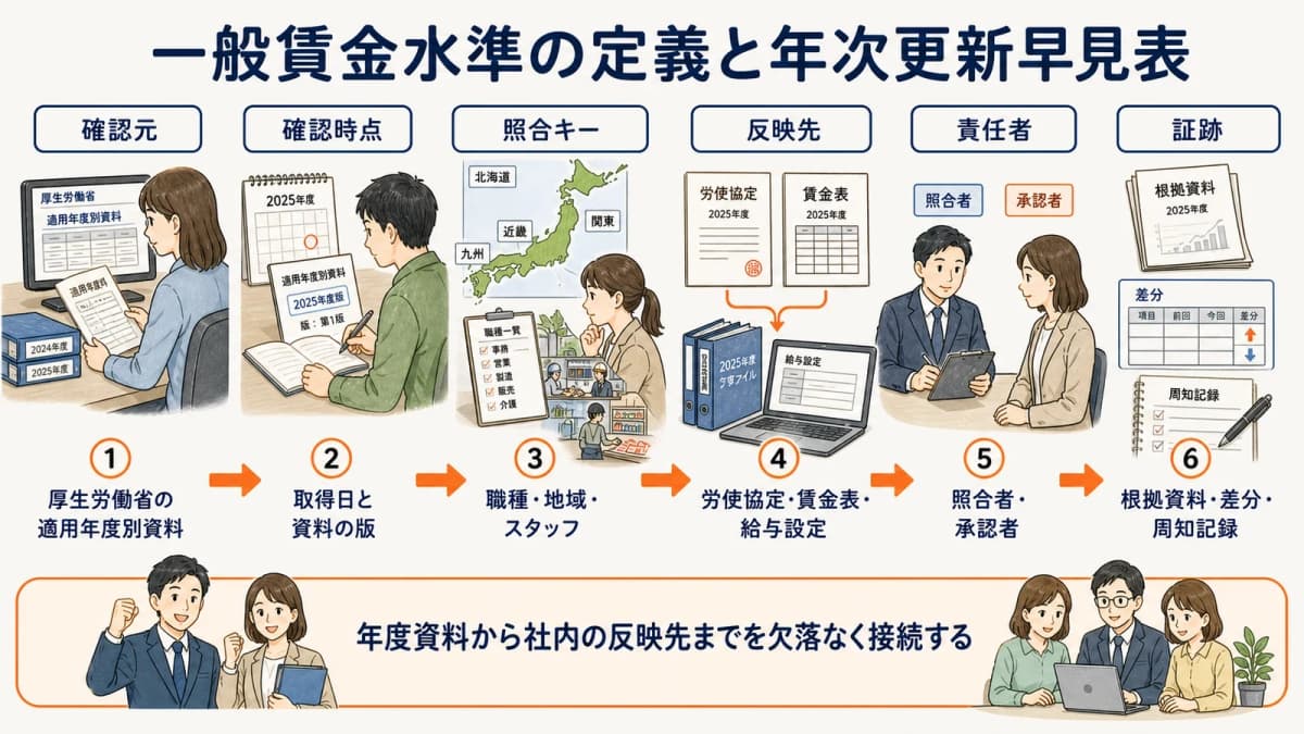 一般賃金水準の公表確認から協定と給与設定の更新までを示す早見表