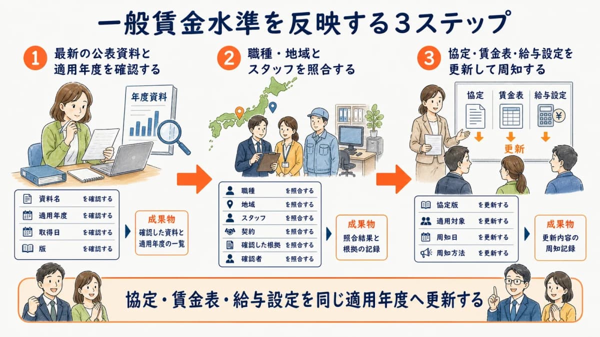 一般賃金水準を協定・賃金表・給与設定へ反映する3ステップ