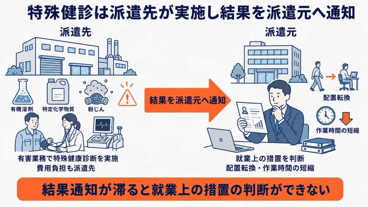 特殊健康診断における派遣先の実施・費用負担と派遣元への結果通知の流れを示した図