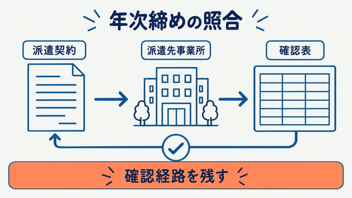 派遣契約と年次締めの照合補助を示す図