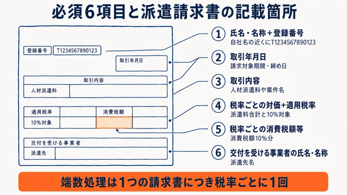 適格請求書の必須6項目と派遣請求書の記載箇所の対応イメージ