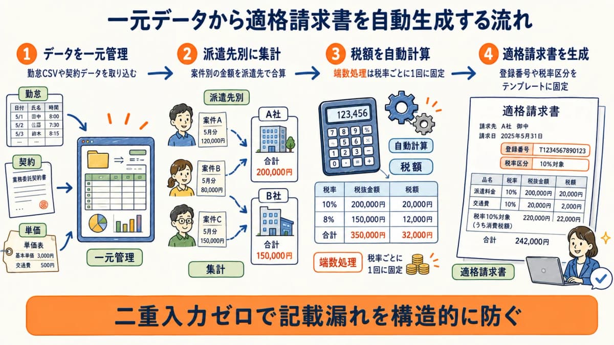 勤怠・契約データから適格請求書を自動生成する流れ