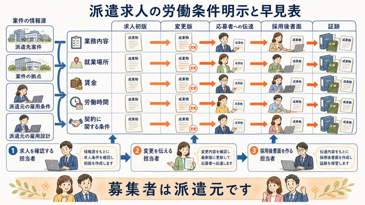 派遣求人の案件条件から変更明示と採用後書面までを示す早見表