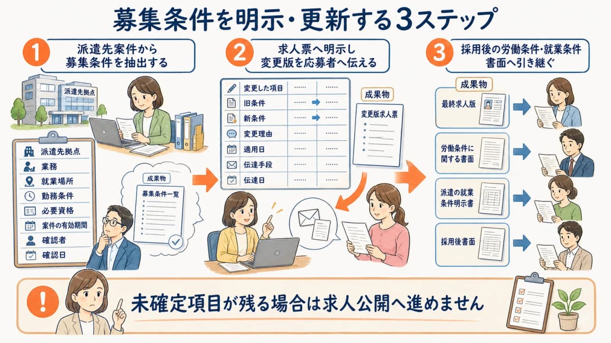 派遣求人の条件抽出から変更明示と採用後書面までの3ステップ