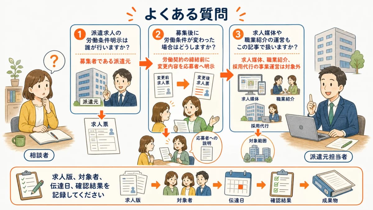 派遣求人の明示主体と条件変更と記事の対象範囲に関する質問
