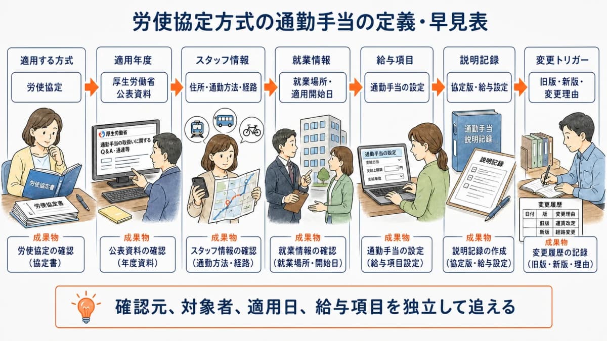 労使協定方式の通勤手当で確認元から給与反映までをつなぐ早見表