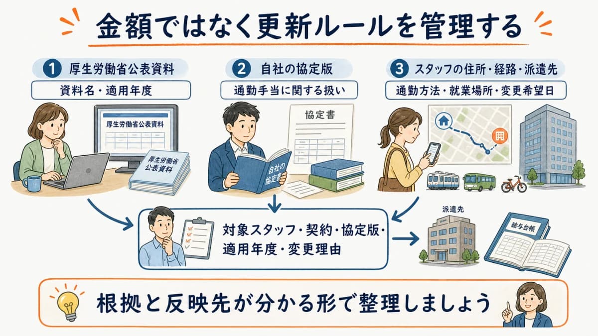 通勤手当の公表資料と自社協定とスタッフ情報の役割分担
