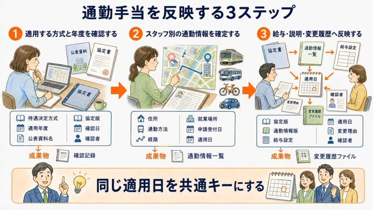 方式と年度の確認から通勤情報と給与・説明記録への反映までの3ステップ