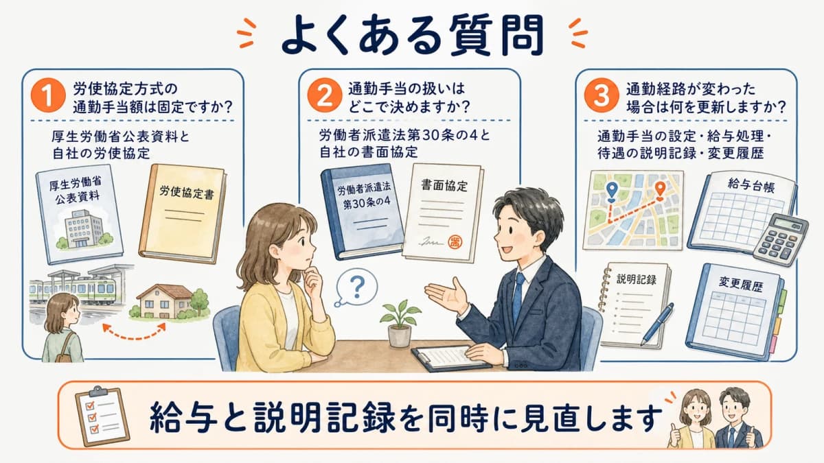 労使協定方式の通勤手当額と変更時の更新対象に関する質問