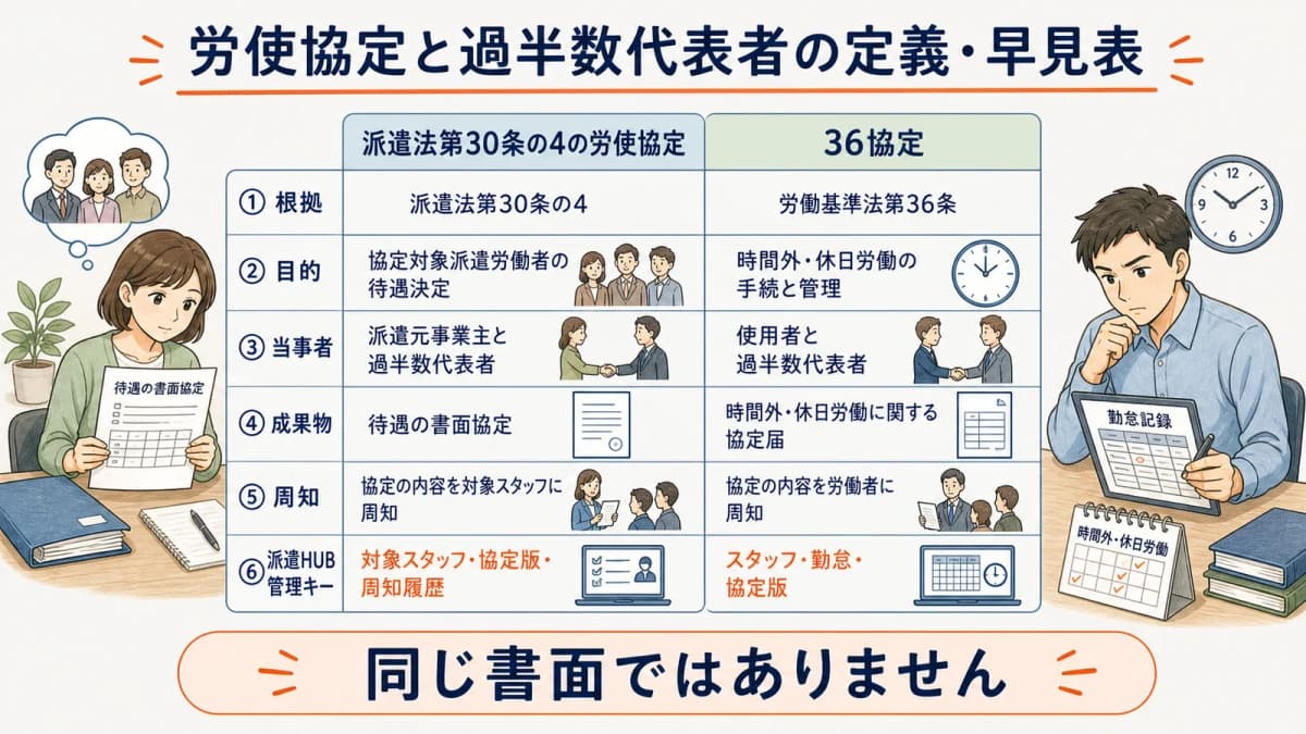 派遣法30条の4の労使協定と過半数代表者の関係を示す早見表