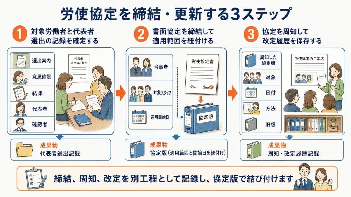 対象と代表者の確定から書面協定の締結と周知までの3ステップ