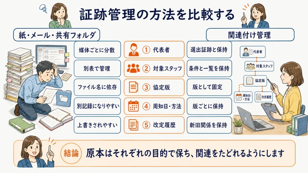紙やメールに分かれた証跡と協定版を軸にした関連付け管理の比較
