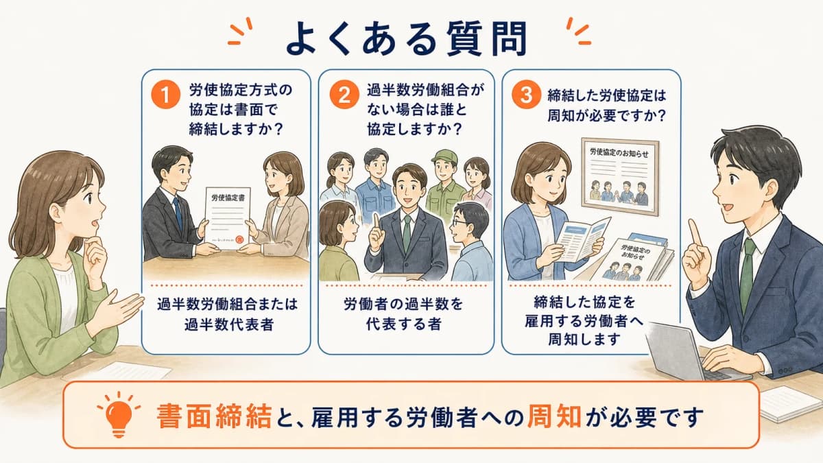 派遣の労使協定方式における書面締結と過半数代表者と周知の質問